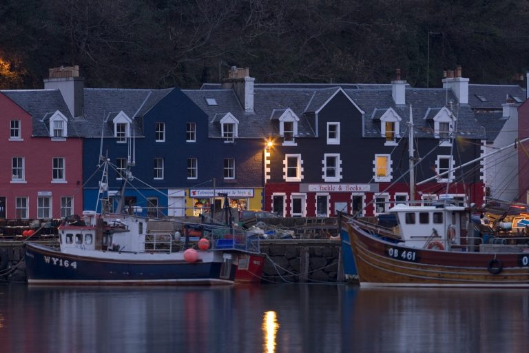 Tobermory village and harbour in winter twilight.