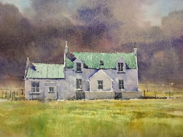 Tiree House with green roof Watercolour Angus Stewart